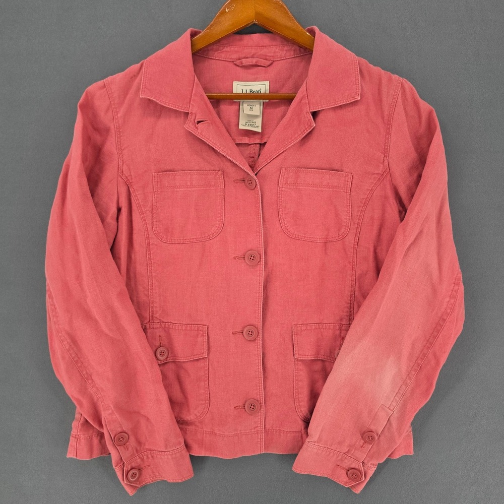 LL Bean Womens Medium Pink 100% Linen Button Front Utility Chore Jacket 0CGU7